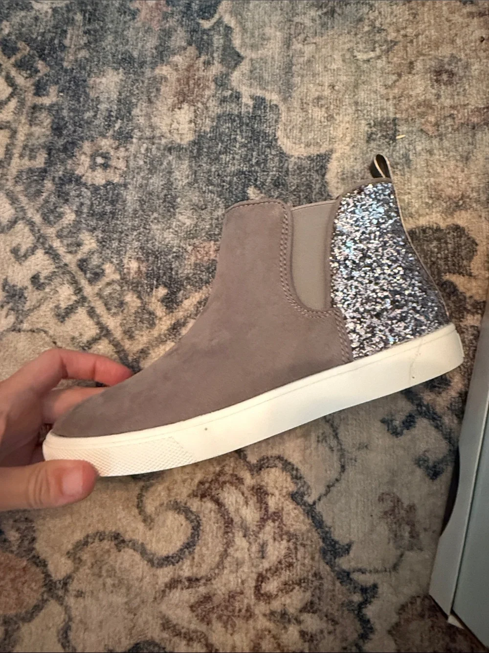 Girls size 3 Gray Suede High-Top Sneakers with Silver Glitter Accent
